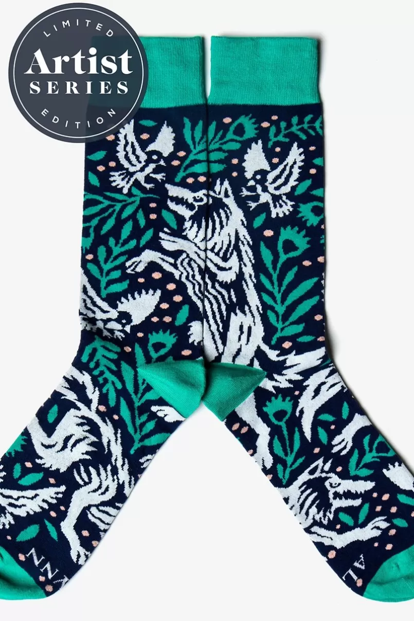 Ties Alynn® X Joshua Noom Prowling Wolf Navy Blue Sock Outlet