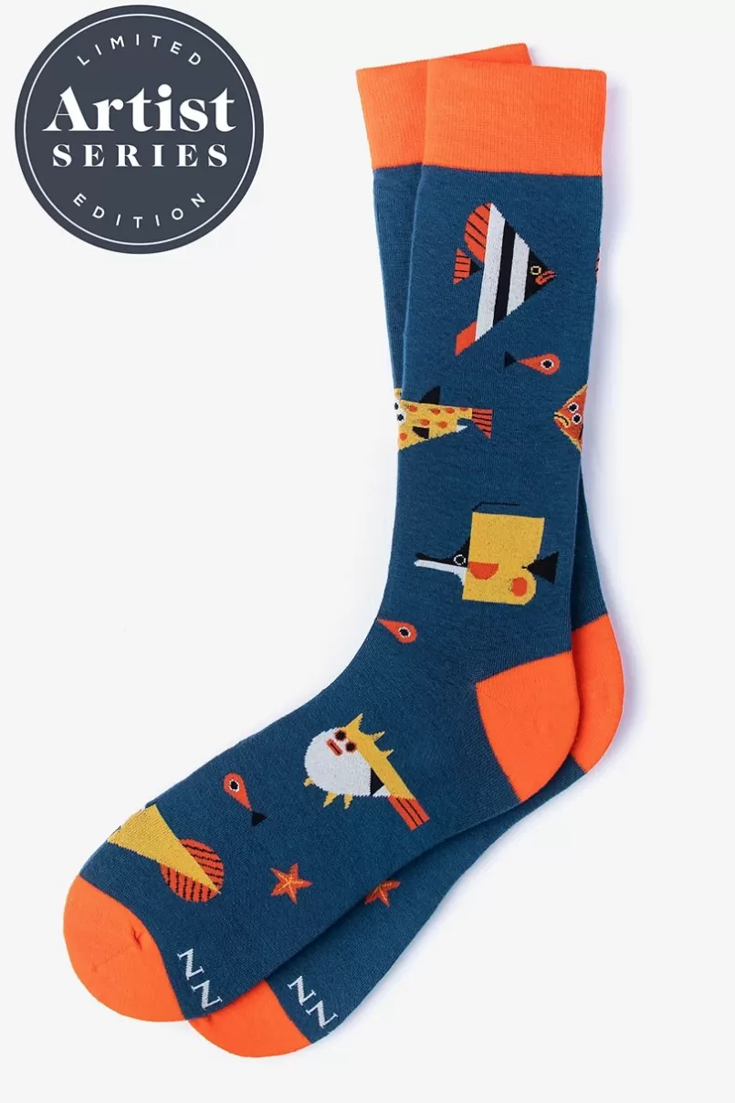 Ties Alynn® X Owen Davey Fish Navy Blue Sock Hot